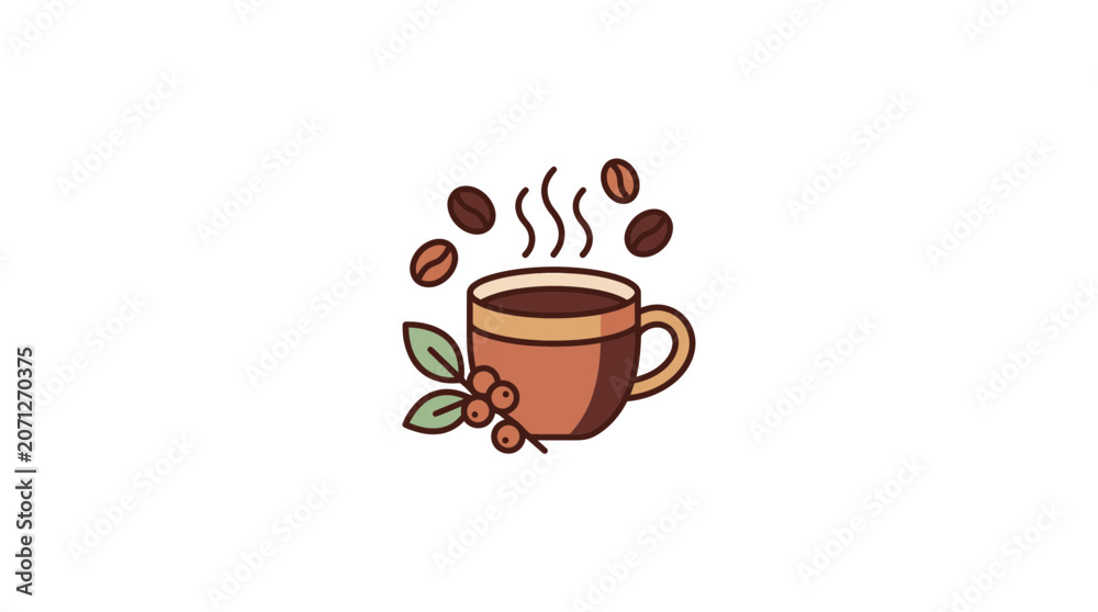 Fototapeta premium Flat Vector Illustration of Coffee Cup with Beans and Leaves