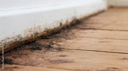 Water damage and mold leaking from under white baseboard on wooden floor