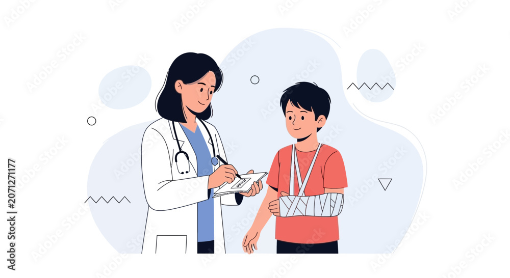 Fototapeta premium Doctor Examines Young Patient with Broken Arm in Modern Flat Illustration Style