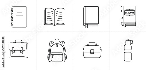 Books and School Essentials Line Icons Collection – Notebook Open Book Dictionary Backpack Lunch Box Water Bottle