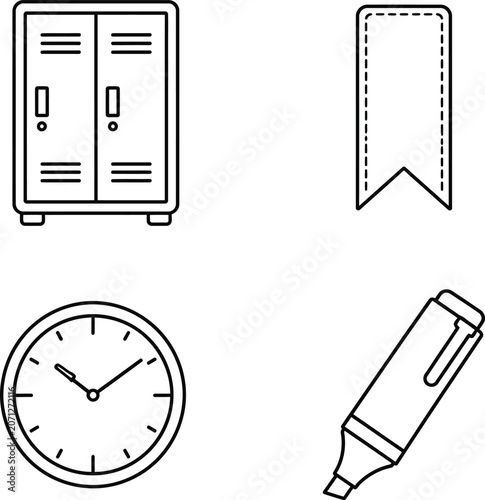School Accessories Line Icons Collection – Locker Bookmark Clock Highlighter