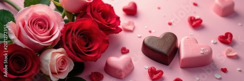 Elegant Valentine's Day banner featuring a luxurious arrangement of roses and heart-shaped chocolates , floral, pink
