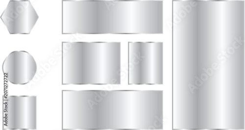 Set of metallic silver banners and frames of various shapes, including hexagon, circle, square, and rectangular plates with glossy gradient texture