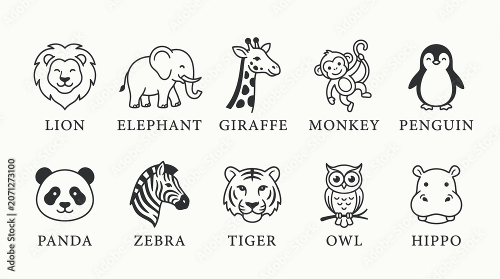 Fototapeta premium Clean Outline Animal Faces and Characters Vector Set