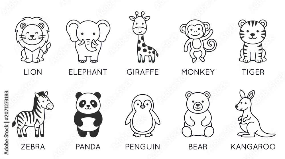 Obraz premium Cute Cartoon Animal Outline Line Art Vectors for Kids