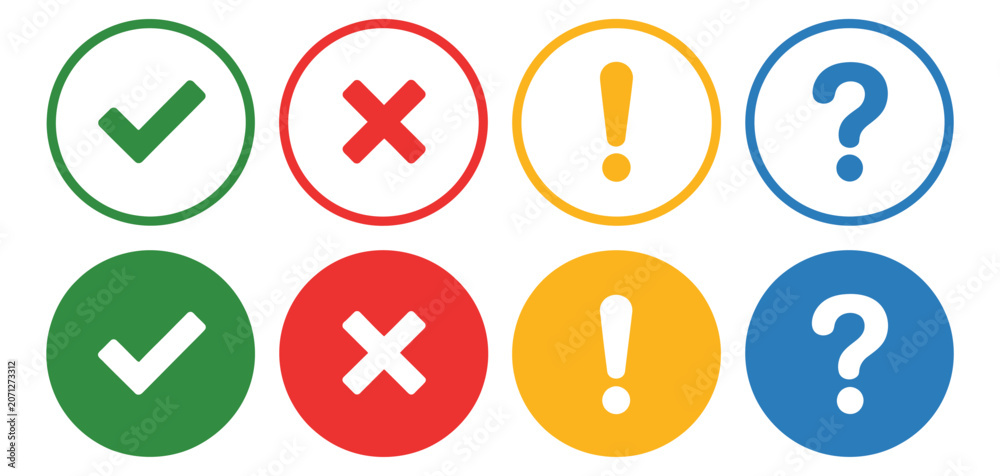 Fototapeta premium Checklist vector icon set, multicolor tick cross exclamation and question mark symbols, yes no true false task list indicators.