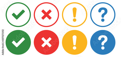 Photos Checklist vector icon set, multicolor tick cross exclamation and question mark symbols, yes no true false task list indicators