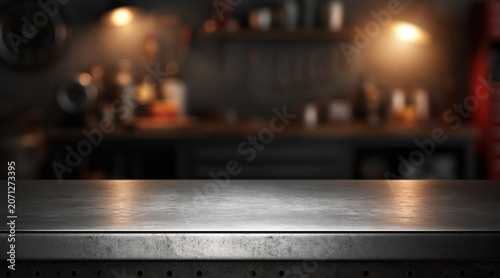 Metal workbench surface in blurred industrial workshop background