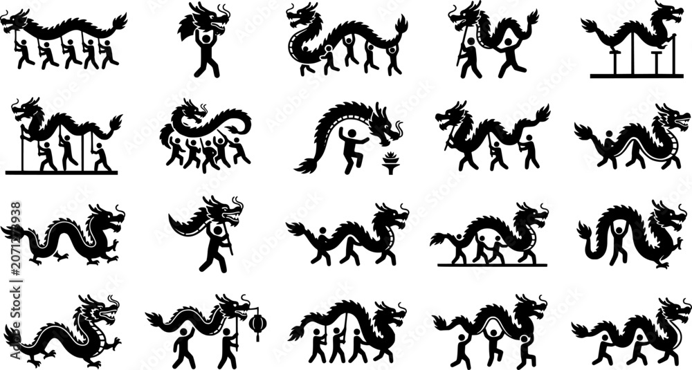 Fototapeta premium Chinese Dragon Dance Silhouette Icons Set Vector Illustration, Lunar New Year Festival Parade and Traditional Asian Celebration Collection