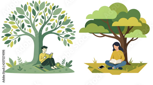 digital detox concept Collection of two isolated characters practicing offline digital detox Flat design elements of young man and woman relaxing without phones 