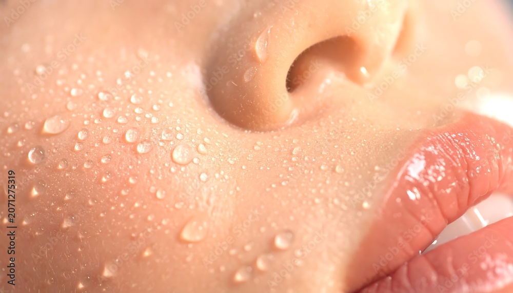 Fototapeta premium Micro Water Droplets on Hydrated Skin, Beauty Hydration and Skincare Science Concept