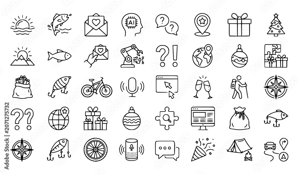 Fototapeta premium Mixed Outline Icon Pack – Sunrise, AI, Gift, Fishing, Christmas and Mountain Bike Symbols