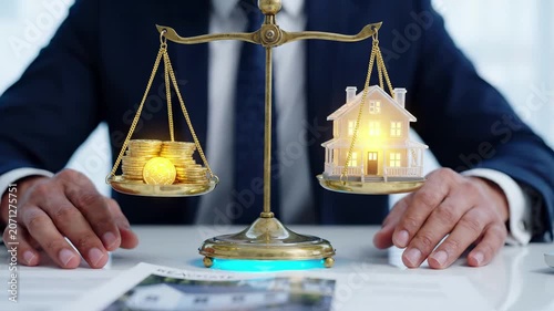 Real estate investment and property finance balance on a scale weighing house and gold coins. Mortgage loan, banking, and wealth decision for home buying market value and financial planning.