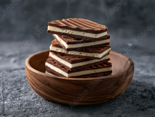 Stacked chocolate treats rest in a rustic wooden bowl. Dark surface contrasts with rich, layered confection. Texture and color emphasize indulgent, comforting nature. Ideal for food, dessert