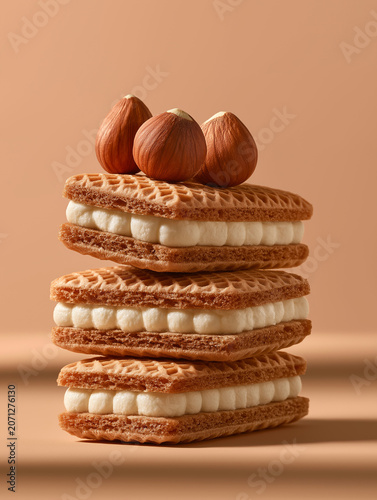 Stacked waffle cookies with cream and hazelnuts. Soft lighting highlights textures and colors. Simple background emphasizes dessert's appeal. Ideal for food, confectionery, or lifestyle content