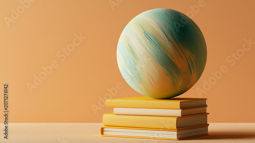 Soft pastel sphere rests atop stacked yellow books. Warm tones frame calm, contemplative stillness. Ideal for education, creativity, or quiet study themes. No people, no animals
