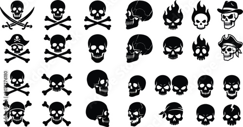 Collection of skull and crossbones vector silhouettes in various styles and perspectives