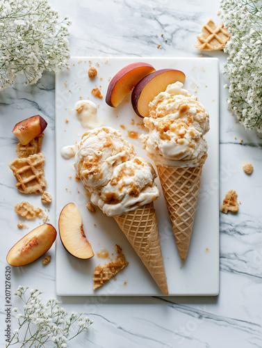 Two creamy ice cream cones sit on a marble slab. Golden caramel drizzles over the soft scoops. Sliced peaches rest beside the cones, adding sweet color. Crumbled waffle bits sprinkle around