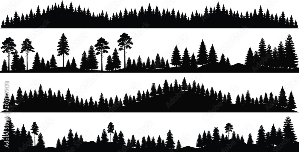 Fototapeta premium Diverse Pine Forest Silhouettes against a White Background for Nature Graphics