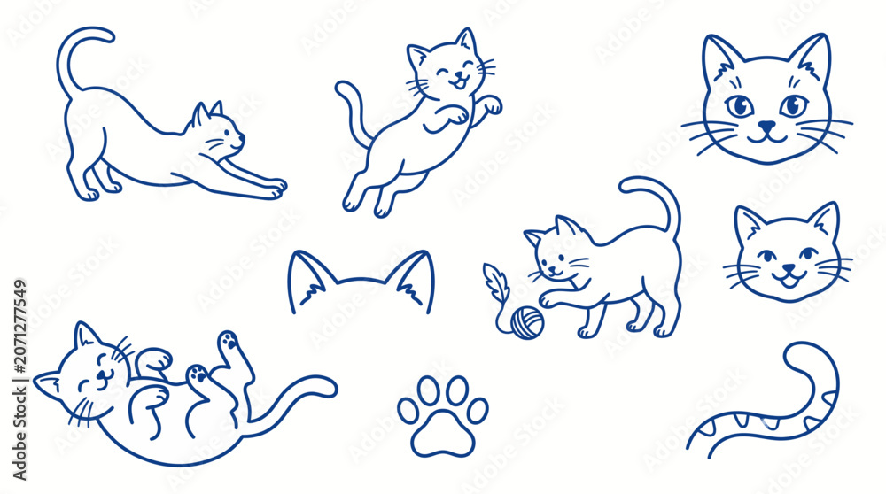 Naklejka premium A collection of simple blue outline illustrations featuring playful cats in various poses and adorable feline elements for creative design projects