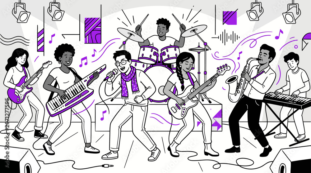 Obraz premium A diverse group of stylized musicians playing instruments in a vibrant live concert performance illustration