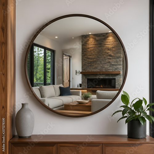 Stylish Round Mirror Reflecting a Contemporary Living Room Interior with a Cozy Fireplace and Elegant Home Decor