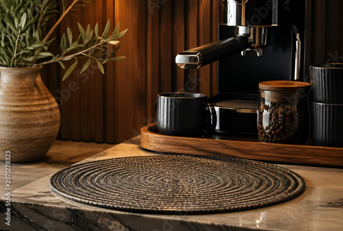 Modern Minimalist Coffee Station Setup with Textured Round Placemat and Espresso Machine on Marble Kitchen Countertop Surface