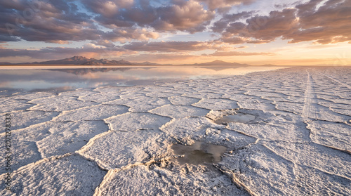 Stunning Sunset Over The Expansive Salt Flats Landscape Featuring Hexagonal Crust Patterns at Salar de Uyuni Bolivia Horizon