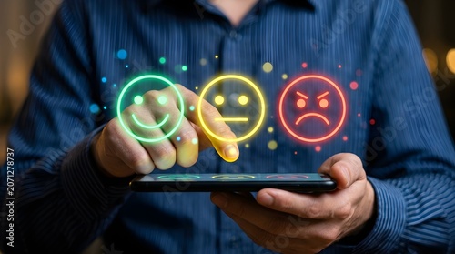 Businessman selecting a happy emoji icon for customer experience rating, on a digital screen interface with feedback options in a blurred office background