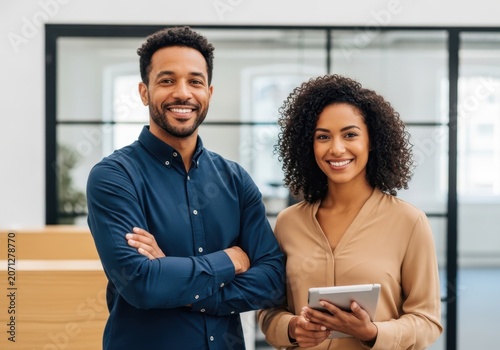Professional man and woman smiling in a modern office