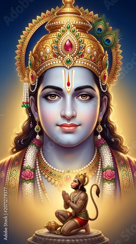Lord Rama Portrait with Devotee Hanuman in Prayer Posture