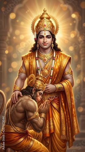 lord rama blessing kneeling hanuman hindu mythology devotional illustration