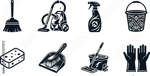 Tableau sur toile Cleaning and housekeeping tools vector icon set featuring broom vacuum spray bot