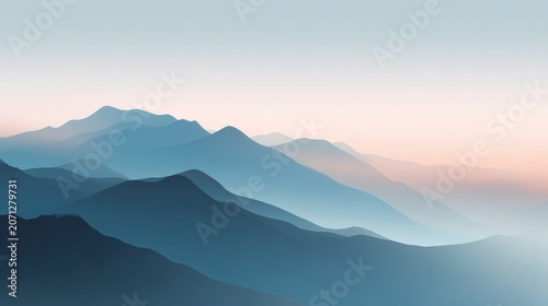 Layered blue mountain silhouettes fade into a soft pastel sunrise, creating a calm minimalist landscape with atmospheric depth.
