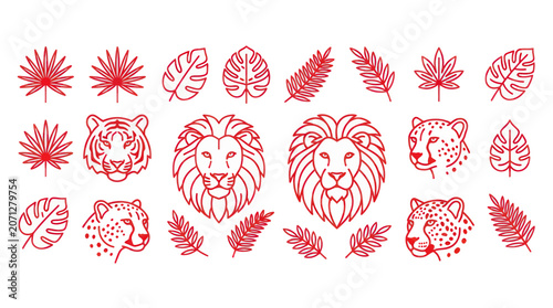 Photography Jungle Animals and Leaves Line Art Icon Set - Tiger, Lion, Leopard