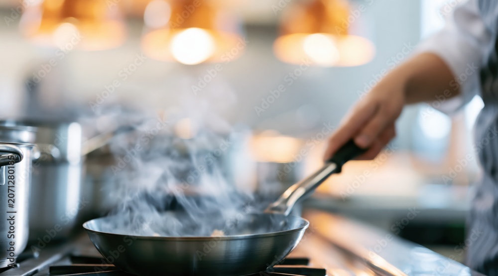 Fototapeta premium Chef cooking food in frying pan with steam in kitchen