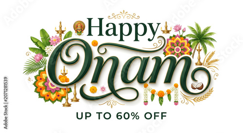 Happy Onam Kerala Festival. sale promo offer discount concept on background.
