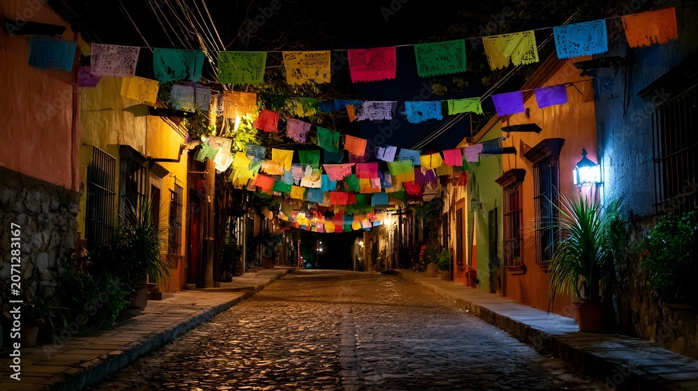Fototapeta premium A radiant city street is beautifully adorned with vibrant colorful banners set against a dramatic night backdrop