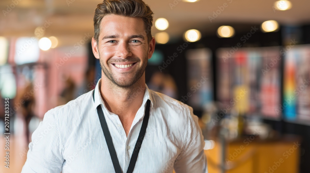 Fototapeta premium Confident smiling business professional wearing a lanyard poses inside a modern conference, exhibition, or corporate networking venue.