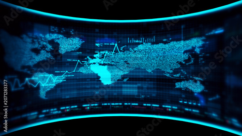 Global financial data visualization, stock market analytics, world map with rising growth chart, big data technology, digital economy, fintech trading interface, futuristic business background