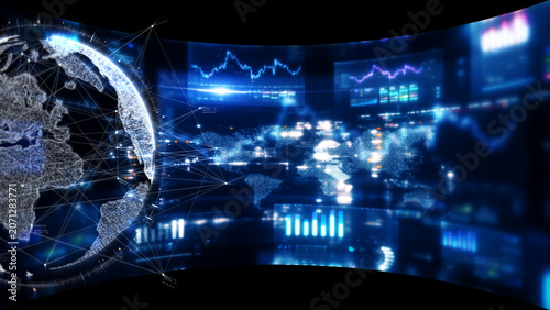 Global financial data visualization, stock market analytics, world map with rising growth chart, big data technology, digital economy, fintech trading interface, futuristic business background