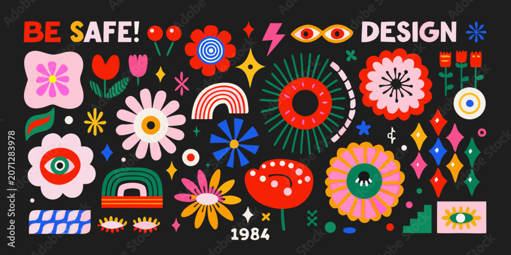 Fototapeta premium Retro Floral Ornament Collection A Colorful Vector Illustration With 1980s Design Elements 1984 abstract arrangement
