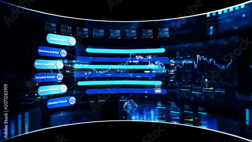 Global financial data visualization, stock market analytics, world map with rising growth chart, big data technology, digital economy, fintech trading interface, futuristic business background