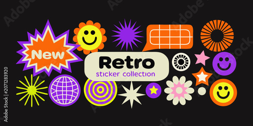 Retro sticker collection featuring starbursts smiley faces and geometric shapes vector illustration 1980s abstract arrangement