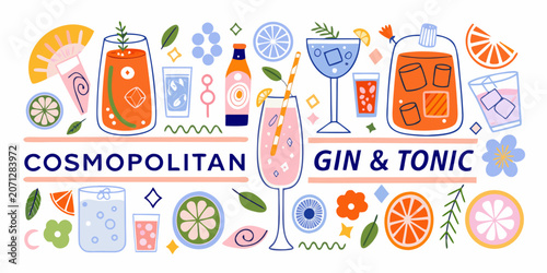 Cocktail And Citrus Fruit Vector Illustration With Colorful Design Elements mixed drink beverage drinks cosmopolitan