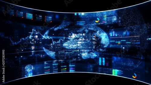 Global financial data visualization, stock market analytics, world map with rising growth chart, big data technology, digital economy, fintech trading interface, futuristic business background