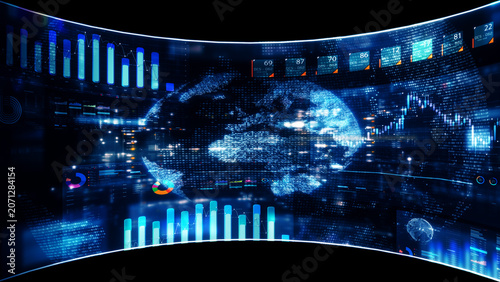 Global financial data visualization, stock market analytics, world map with rising growth chart, big data technology, digital economy, fintech trading interface, futuristic business background