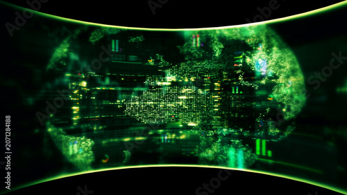 Global financial data visualization, stock market analytics, world map with rising growth chart, big data technology, digital economy, fintech trading interface, futuristic business background