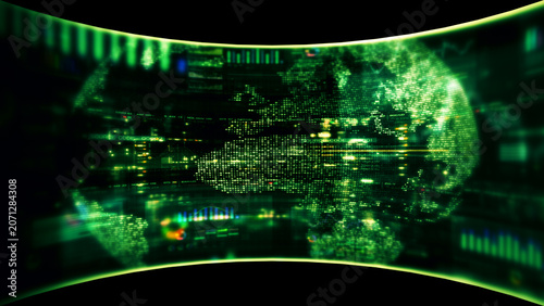 Global financial data visualization, stock market analytics, world map with rising growth chart, big data technology, digital economy, fintech trading interface, futuristic business background