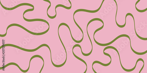 Abstract pink background with organic olive green wavy lines